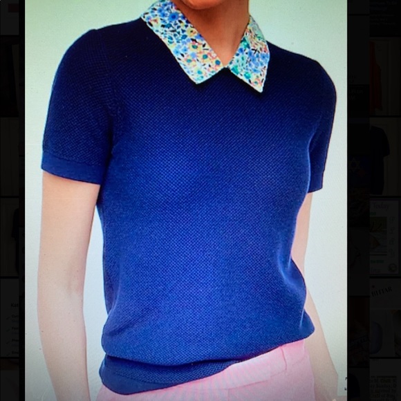 J. Crew Factory Tops - J CREW MISSES SHORT SLEEVE SWEATER WITH WOVEN COLLAR NAVY/MULTI SIZE LARGE NWT!